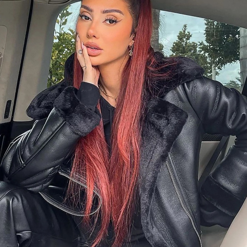 Faux fur lined faux leather moto jacket black size 1X